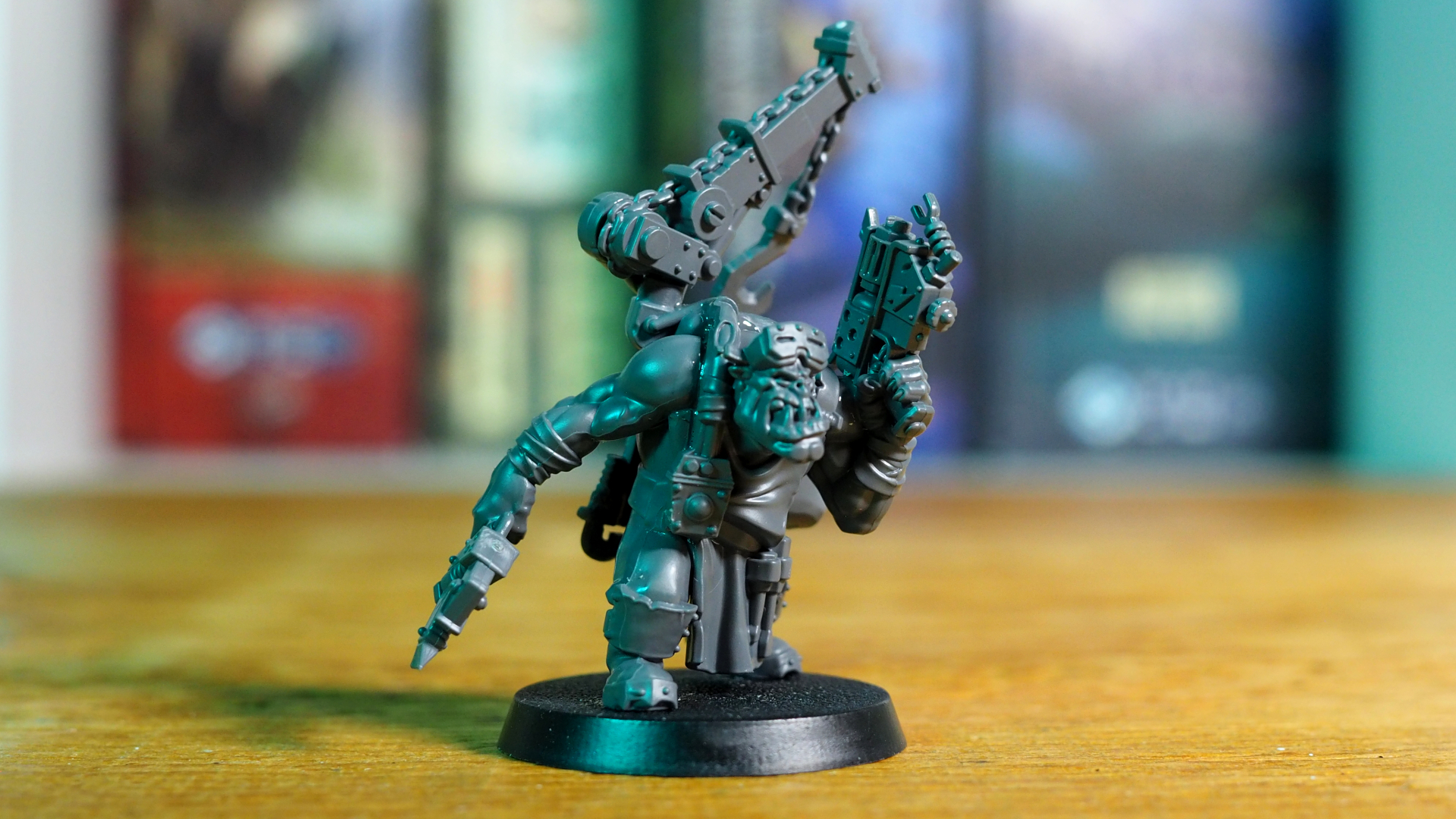Warhammer 40K Orks Mek model, facing off to one side