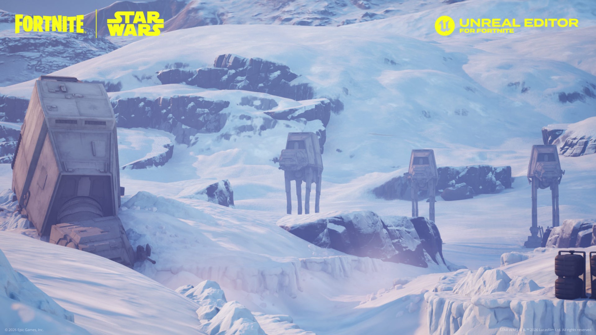 Epic Games Star Wars toolkit image of a snowy planet with AT-AT walkers