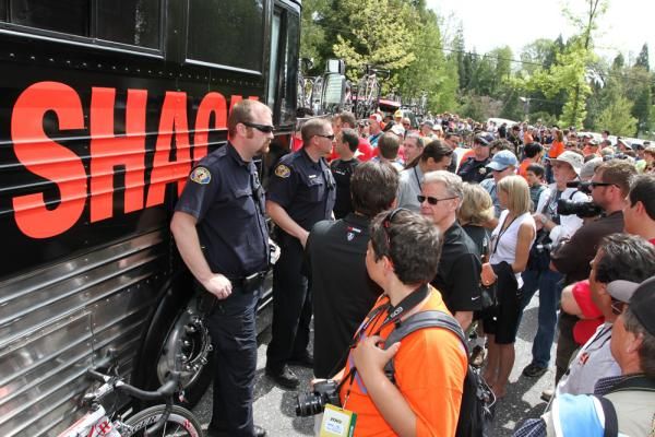 The Team RadioShack bus guarded by Nevada City Police.