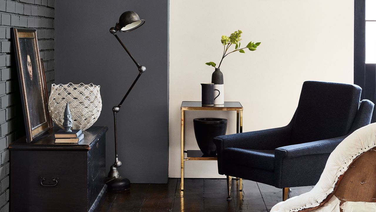 contrast wall in living room with beige and dark neutral decor