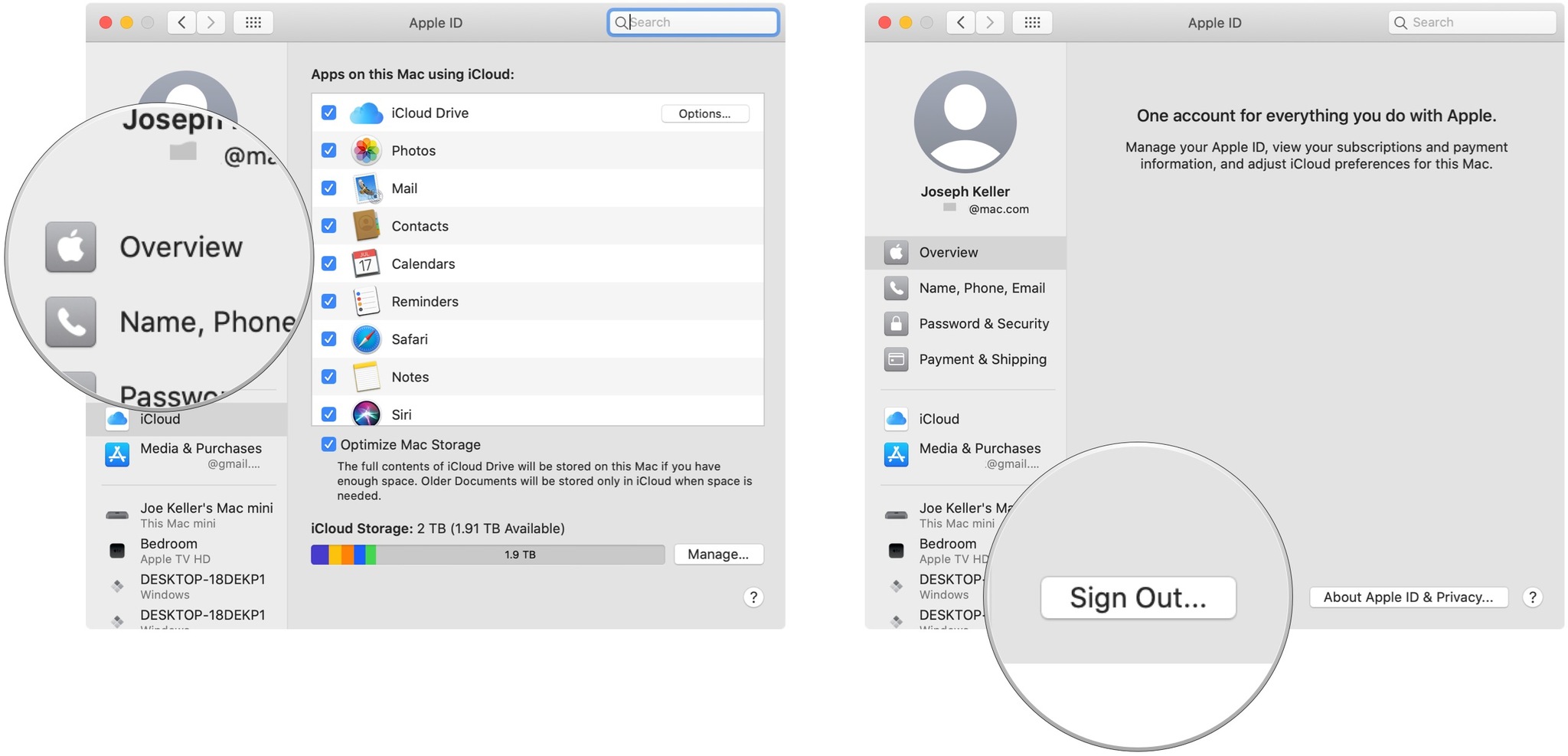 How to log out of iCloud on macOS: Click Overview and then click Sign Out