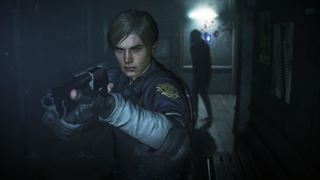 Leon aiming a shotgun as a shadowy figure stands behind him
