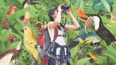 Illustration of a birdwatcher with binoculars in a jungle environment filled with birds