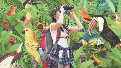 Illustration of a birdwatcher with binoculars in a jungle environment filled with birds