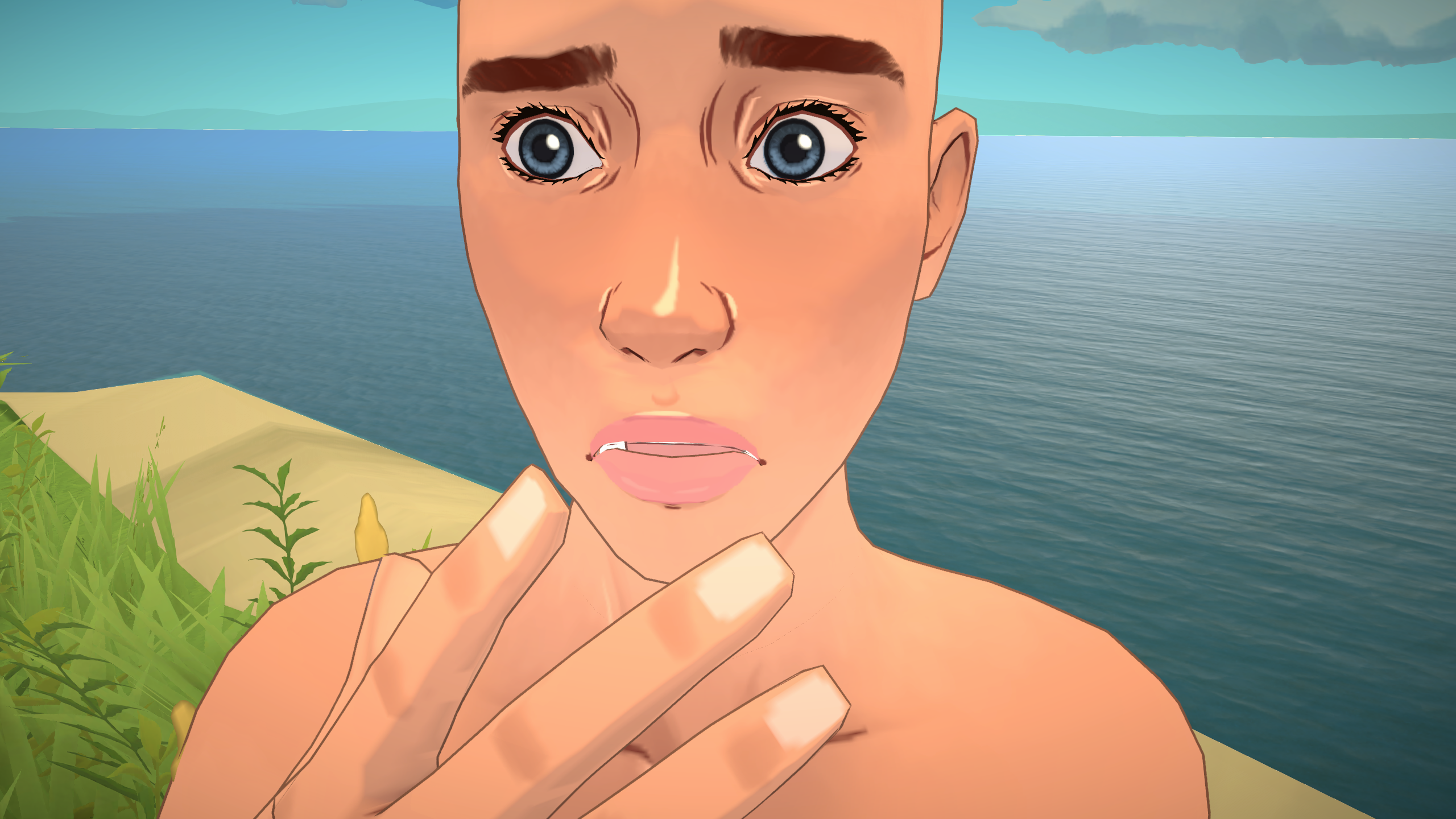 Paralives - a naked Para stands in front of the ocean looking appalled