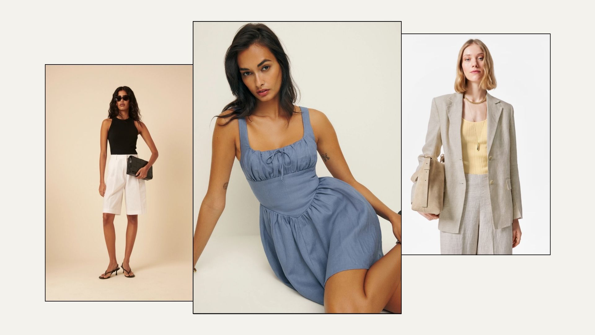 Three women wear linen sales buys