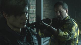 Resident Evil 2's Leon S. Kennedy faces a paranoid gun shop owner.