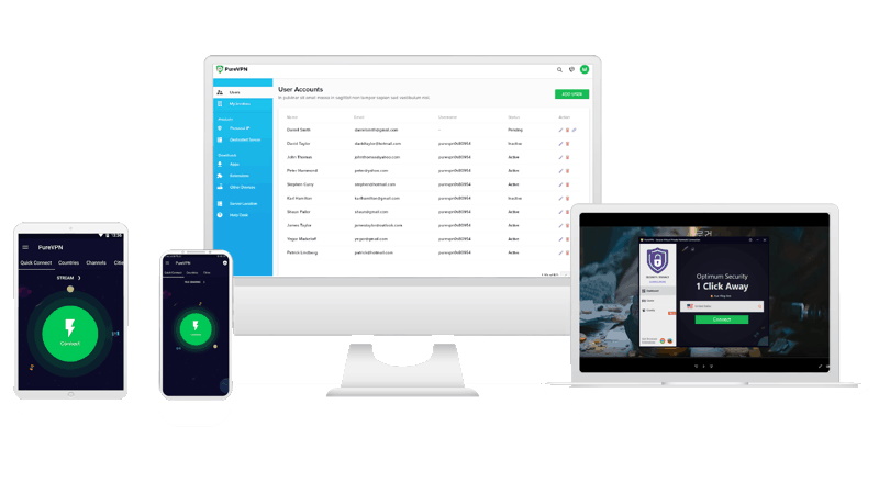 PureVPN-palvelu useiden eri laitteiden ruudulla