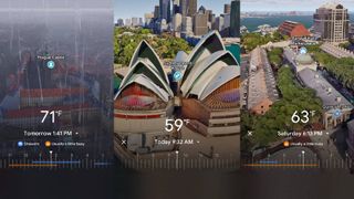 Google Maps Immersive View met 3D-beelden van het Sydney Opera House in de zon en het Praagse kasteel in de regen