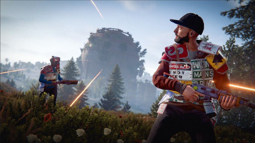 A player character wearing armour made from road signs flees from a building in thee distance as tracer shots fire out of it.