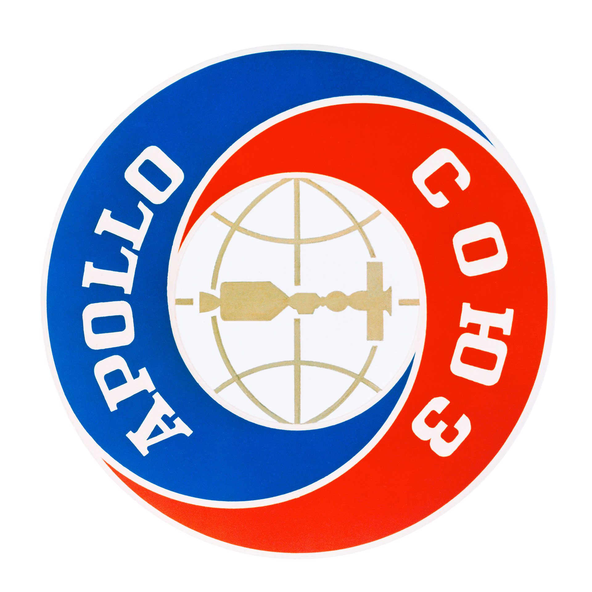 red, blue white and gold logo for a joint space mission