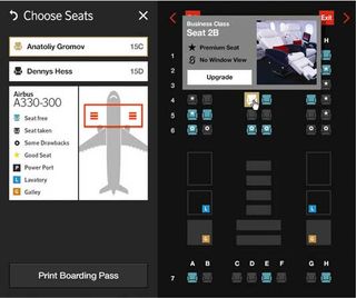 In Fi's vision of a more user-friendly airline website, checking in includes real-time options offering upgrades and upsell choices.