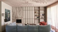 pastel pink living room with marble fireplace wall, joinery, artwork on wall, starburst pattern on ceiling, light blue sofa, and sheer curtains with ruffles over the windows