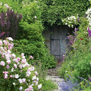 garden area with flowers and garden door
