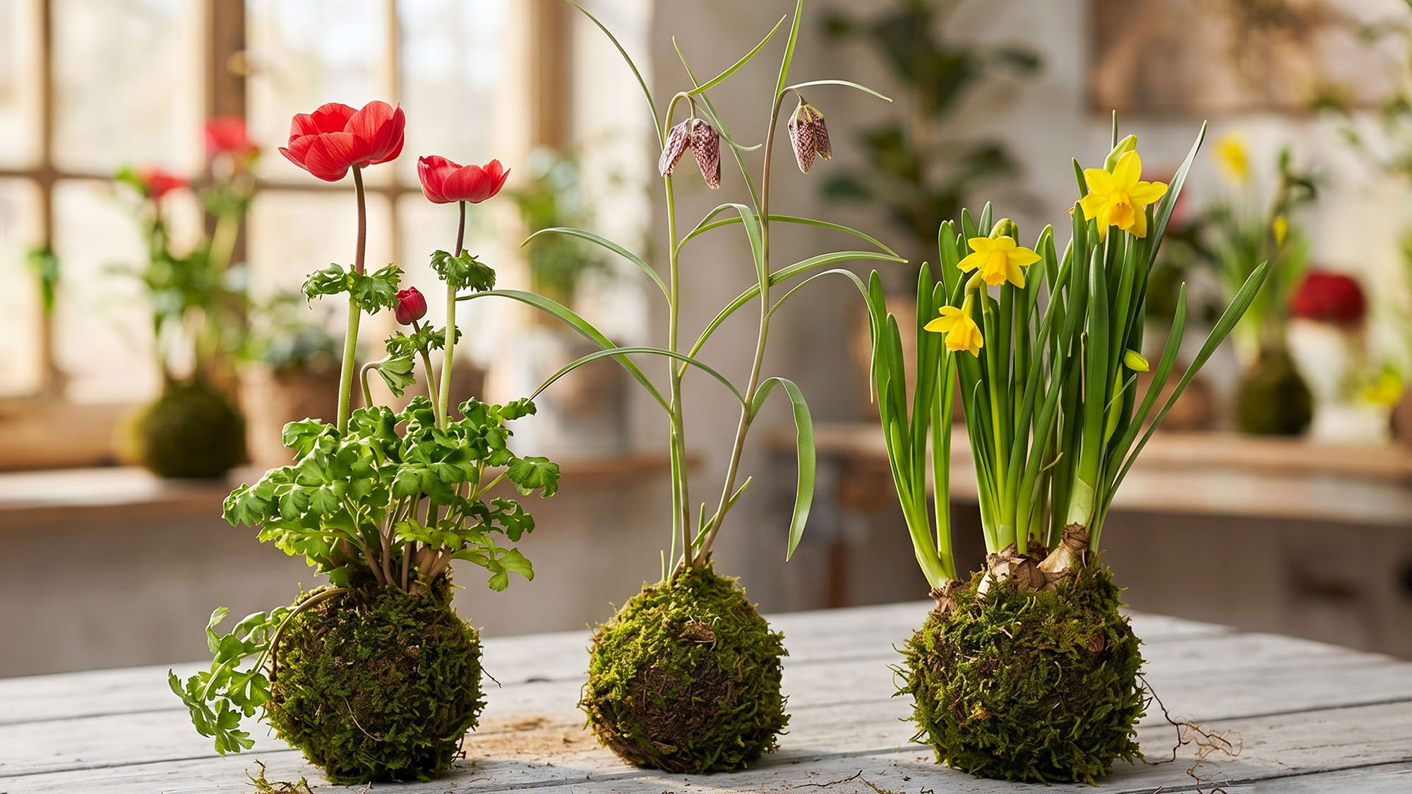 Spring flower kokedama moss balls with daffodils, anemones, and Fritillaria meleagris in classic room on wooden tabletop