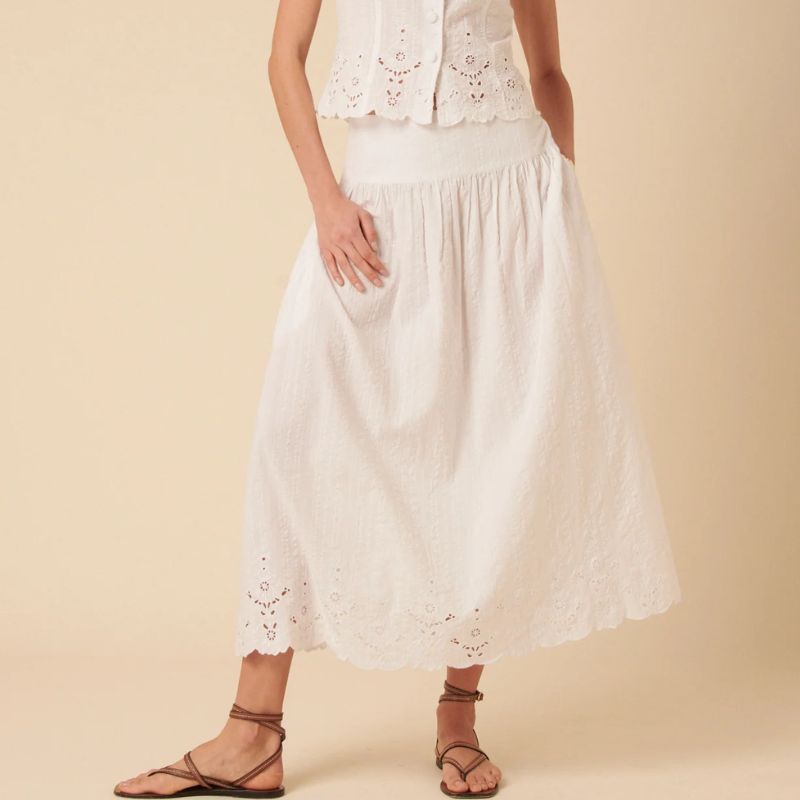 White Broderie Anglaise Maxi Skirt on model 