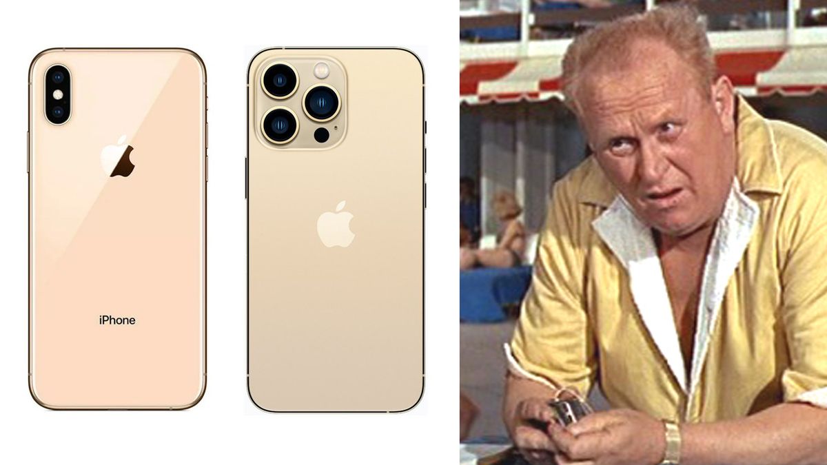 Two gold iPhone next to an image of Auric Goldfinger