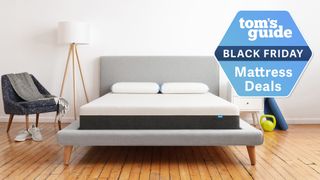 The Bear Original Mattress on a bed frame in a bedroom, a Tom's Guide Black Friday mattress deals graphic (right)