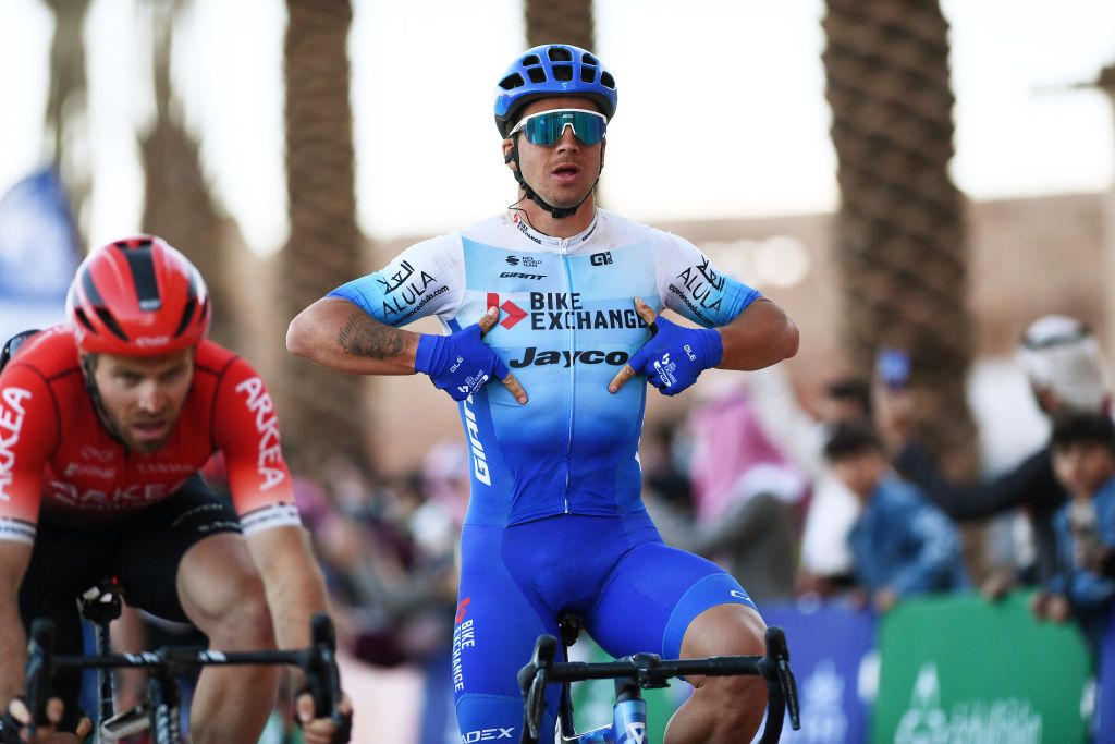 ALULA SAUDI ARABIA FEBRUARY 03 Dylan Groenewegen of Netherlands and Team BikeExchange Jayco celebrates winning during the 6th Saudi Tour 2022 Stage 3 a 1812 km stage from Tayma Hadaj Well to AIUIa Old Town SaudiTour on February 03 2022 in AIUIa Saudi Arabia Photo by Tim de WaeleGetty Images