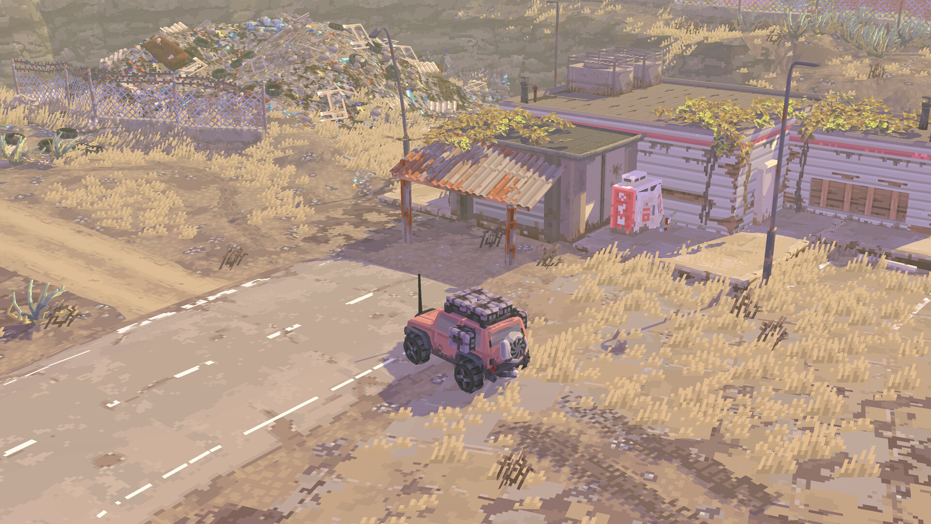 A small, pixelated truck on the road outside an overgrown gas station in an apocalyptic environment.
