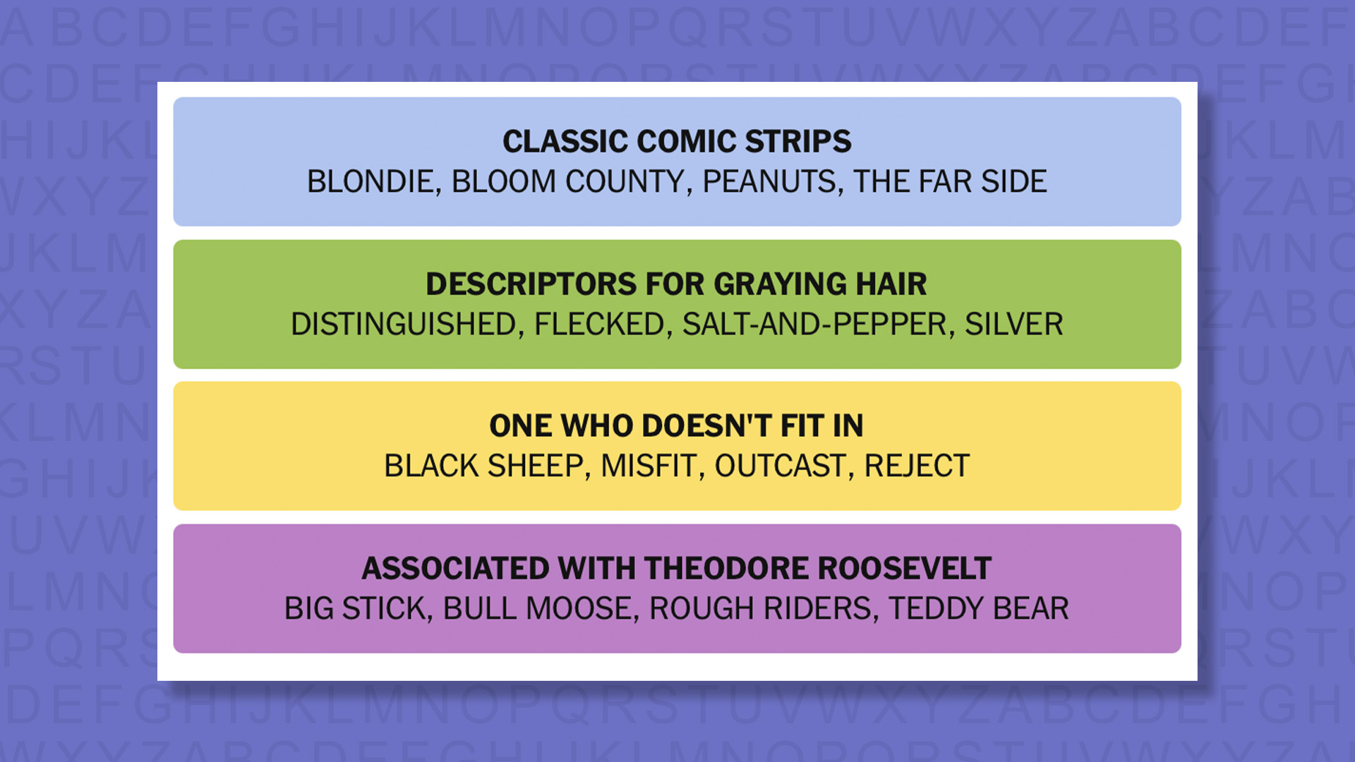 NYT Connections answers for game 987 on a purple background