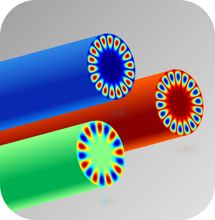 Electrospinning, creates long, hairlike fibers made of plastic, metal or ceramics. The light, or electromagnetic field, profile of whispering gallery modes are shown propagating along the periphery of three fiber resonators. 