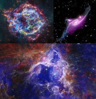 Three images of vibrantly colorful nebulas in space.