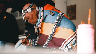 Artist Esther Mahlangu king on her mural ‘Umuntu ngumuntu ngabantu’ (‘I am because you are’) for Serpentine, London