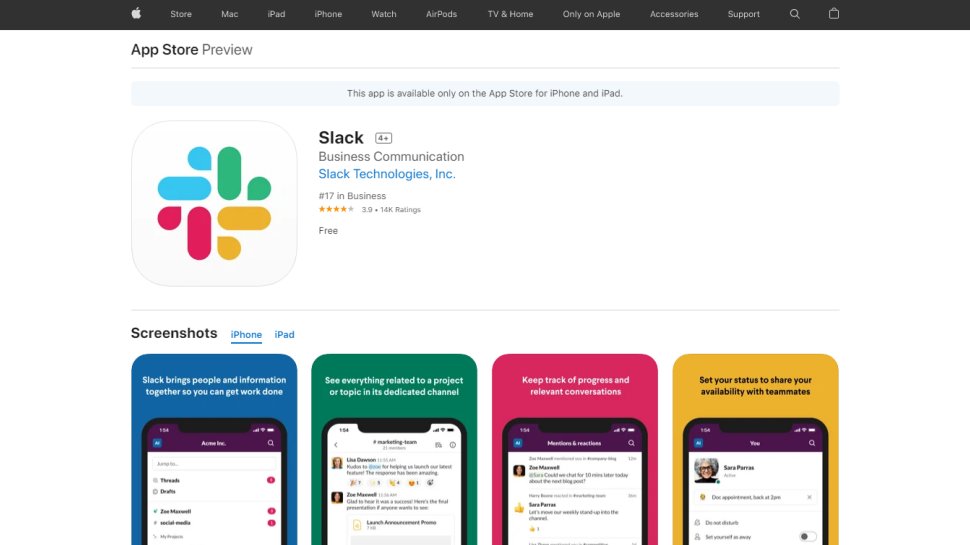 Website screenshot for Slack in the Apple App Store.