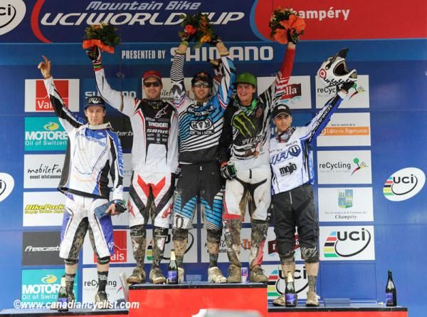 Elite men's downhill podium at the World Cup in Switzerland