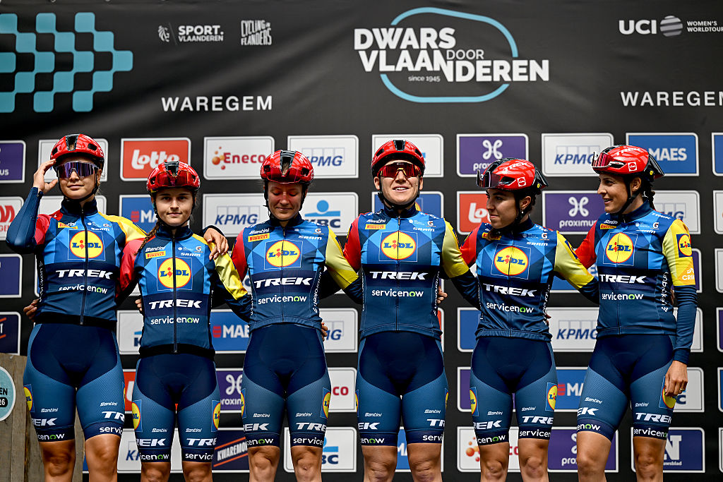 WAREGEM, BELGIUM - APRIL 01: Lucinda Brand of Netherlands, Loes Adegeest of Netherlands, Emma Norsgaard Bjerg of Denmark, Lauretta Hanson of Australia, Fleur Moors of Belgium, Shirin van Anrooij of Netherlands and Team Lidl - Trek prior to the 14th Dwars door Vlaanderen 2026 - Women's Elite a 128.8km one day race from Waregem to Waregem / #UCIWWT / on April 01, 2026 in Waregem, Belgium. (Photo by Luc Claessen/Getty Images)