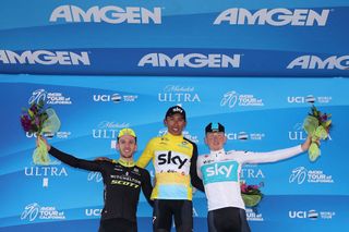The podium places for stage 6 of the 2018 Tour of California: winner Egan Bernal (Team Sky) with Mitchelton-Scott's Adam Yates and Sky teammate Tao Geoghegan Hart