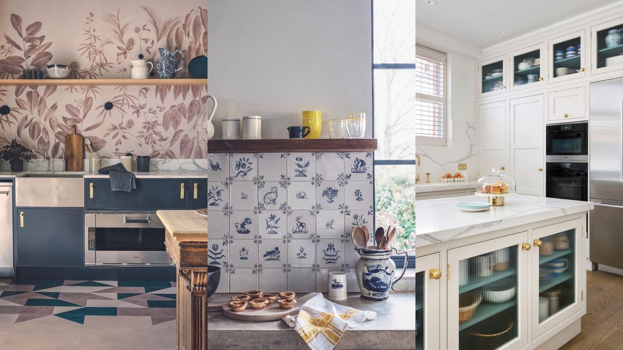 Kitchen with metal and dark blue cupboards, marbled worktop, pink and white floral wall and tiled floor. / Kitchen worktop with blue and white Delft style wall tiles and crockery, and shelf with glasses and jars. / A white kitchen with whitem arble countertops. Tall floor-to-ceiling cabinets along the back wall and gold handle finishes 