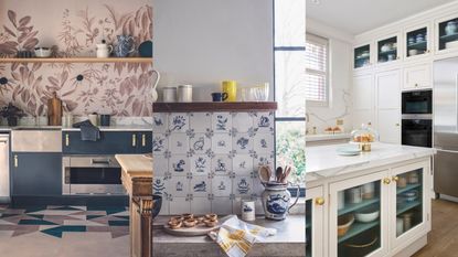 Kitchen with metal and dark blue cupboards, marbled worktop, pink and white floral wall and tiled floor. / Kitchen worktop with blue and white Delft style wall tiles and crockery, and shelf with glasses and jars. / A white kitchen with whitem arble countertops. Tall floor-to-ceiling cabinets along the back wall and gold handle finishes 