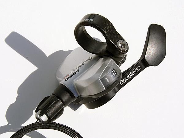 New flat bar road shifters use the DoubleTap single lever actuation method. The 10 speed-compatible version also includes some carbon bits.