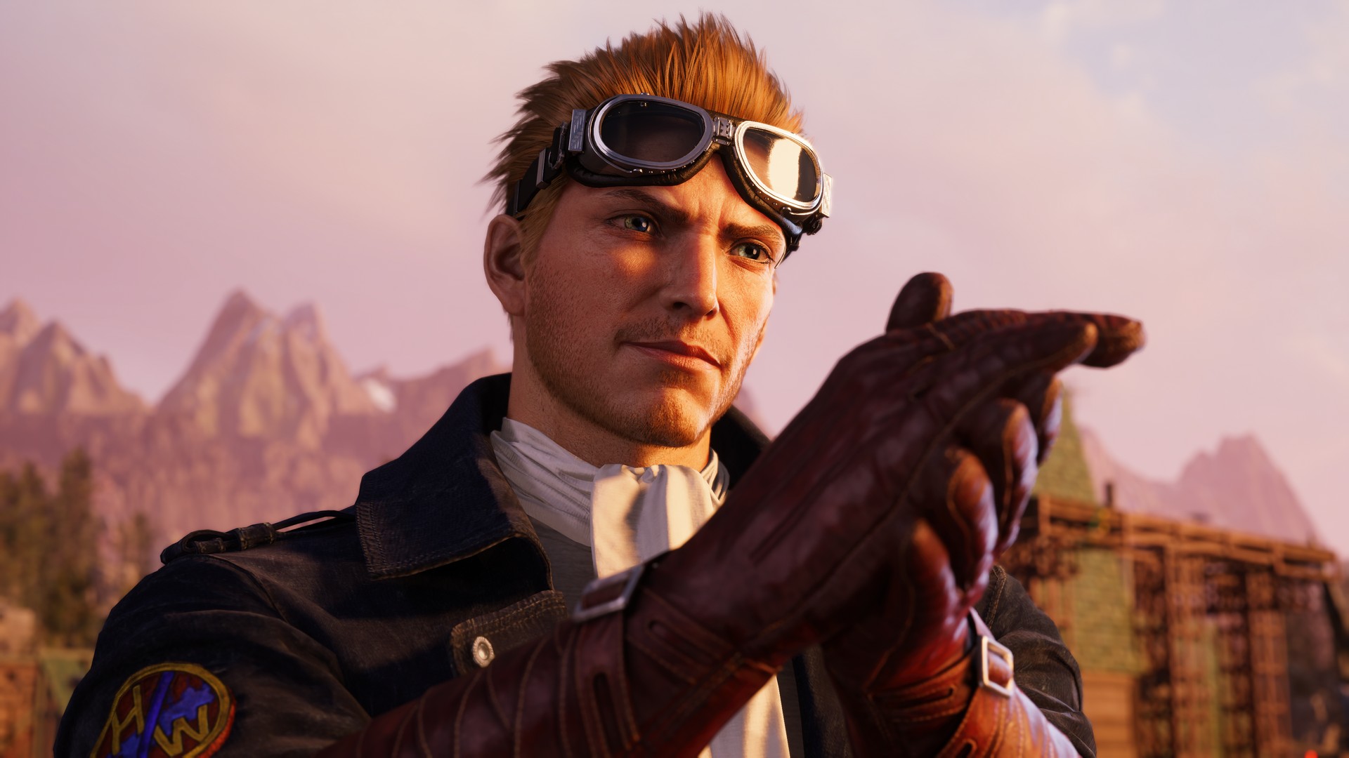 Cid, his pilot goggles lifted beneath his blonde hair, in Final Fantasy 7 Revelation, rubs his gloved hands together