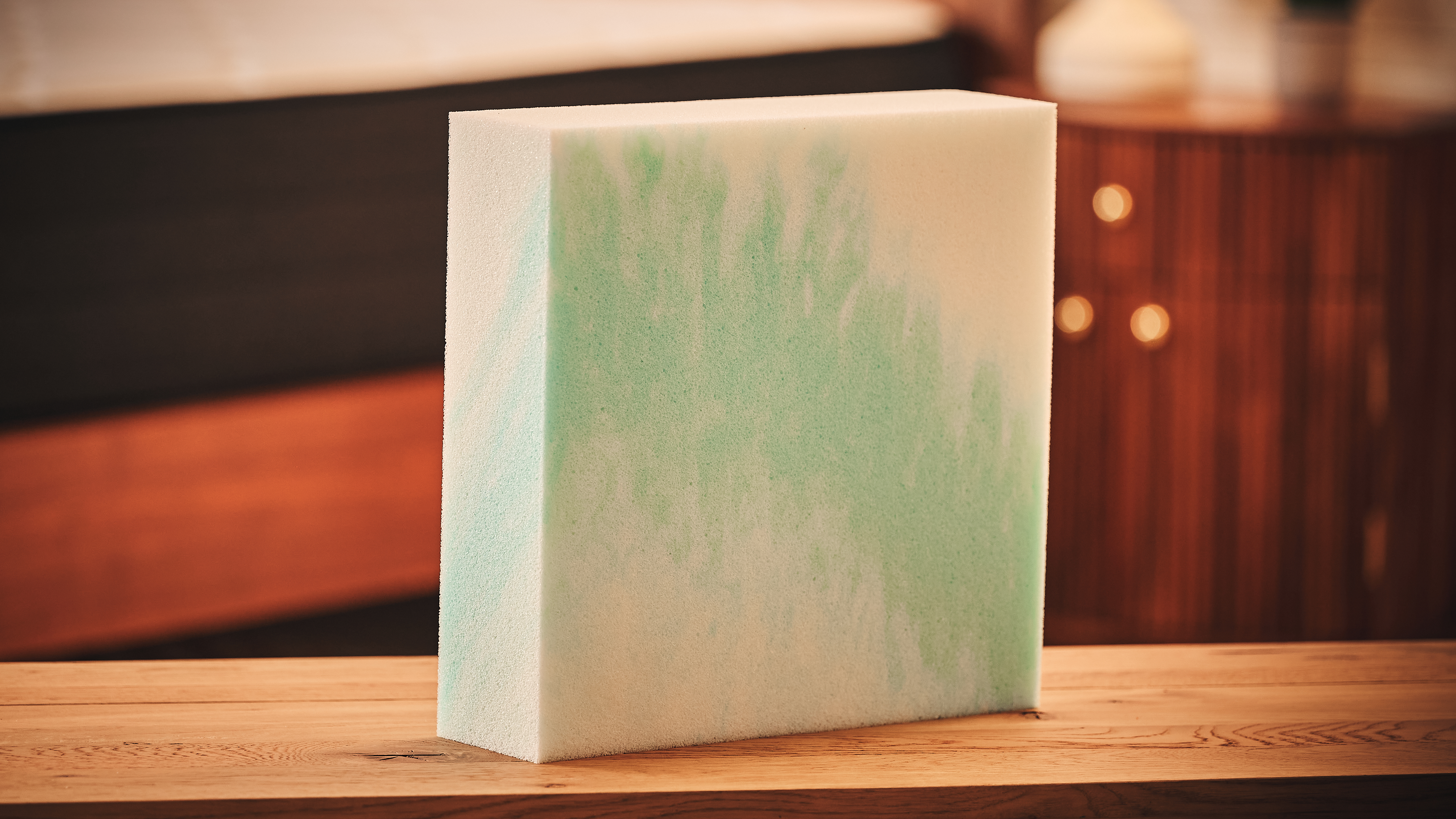 Slab of white and blue gel swirl foam