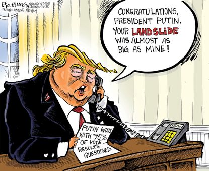 Political cartoon U.S. Trump congratulations Russian elections Putin 2016 election landslide