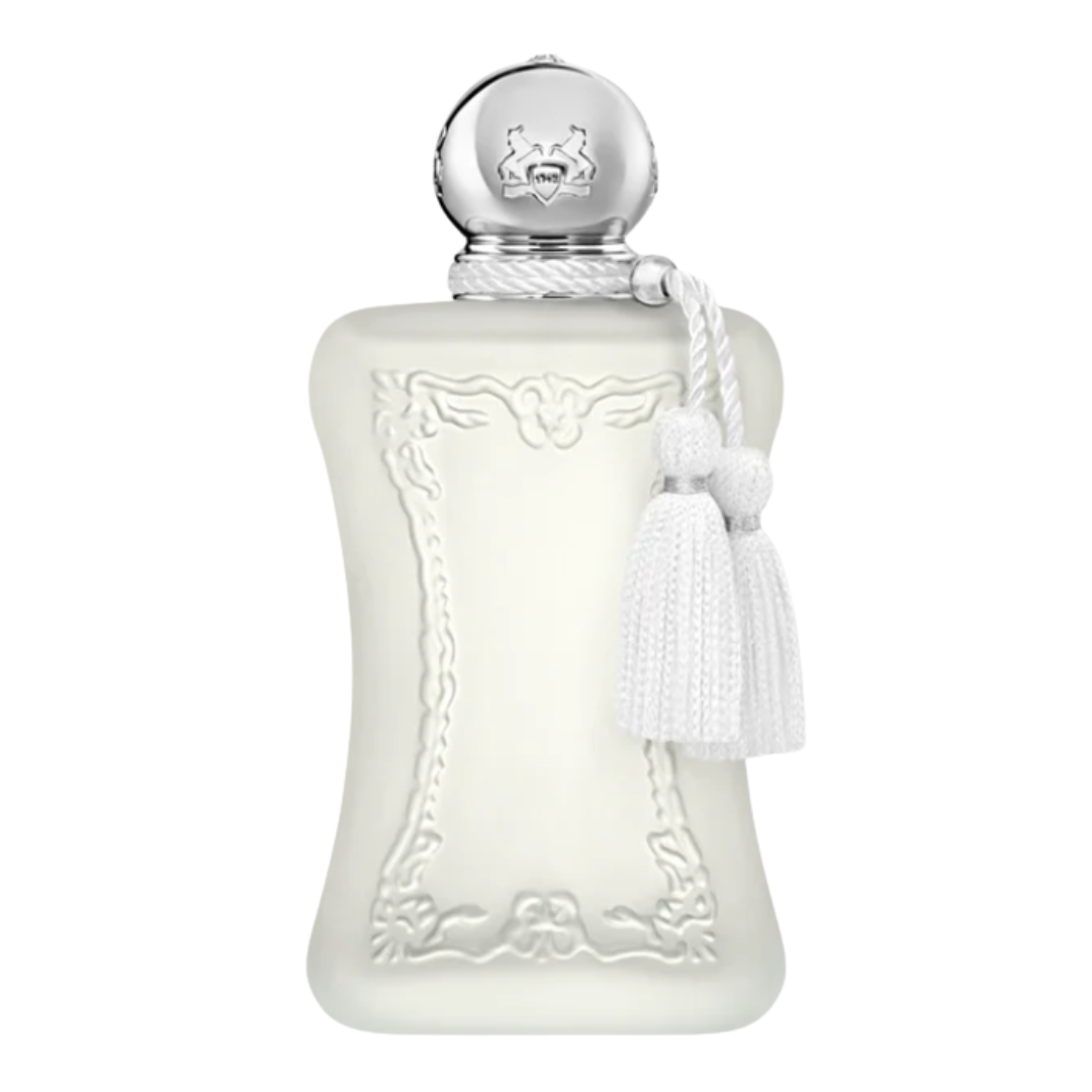 A product shot of Parfums de Marly Valaya Eau de Parfum, with its white frosted bottle and white tassels, on a white background