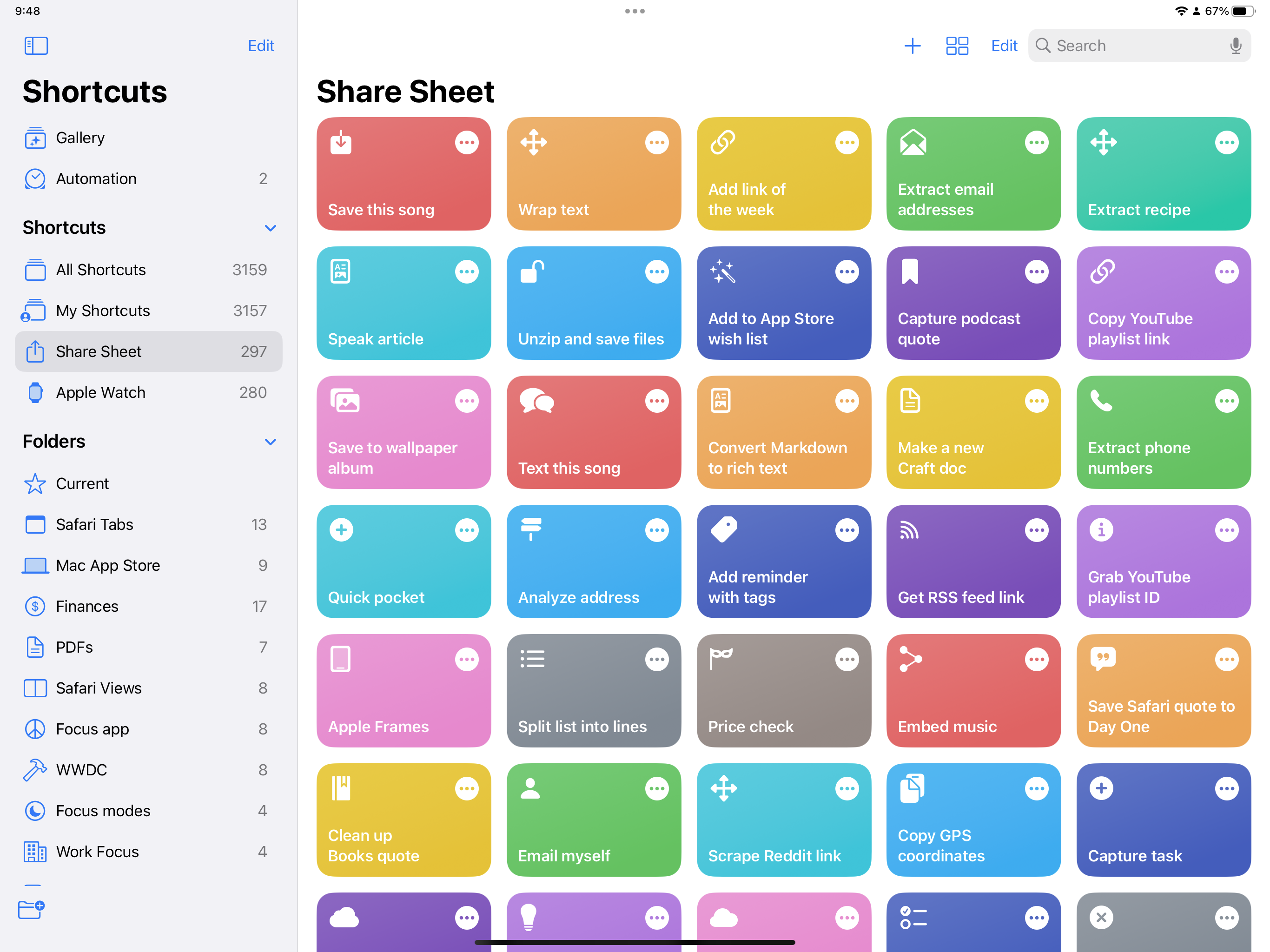 Screenshot of author's Share Sheet shortcuts.