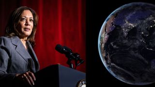left: vice-president kamala harris at a podium. right: earth at night with lights showing