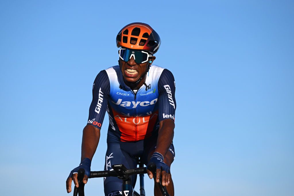 VALL DEBO SPAIN FEBRUARY 03 Hagos Berhe of Ethiopia and Team JaycoAlUla crosses the finish line during the 75th Volta a la Comunitat Valenciana 2024 Stage 4 a 1752km stage from Teulada Moraira to Vall dEbo 527m Stage shortened by the organization to 160km on February 03 2024 in Vall dEbo Spain Photo by Dario BelingheriGetty Images