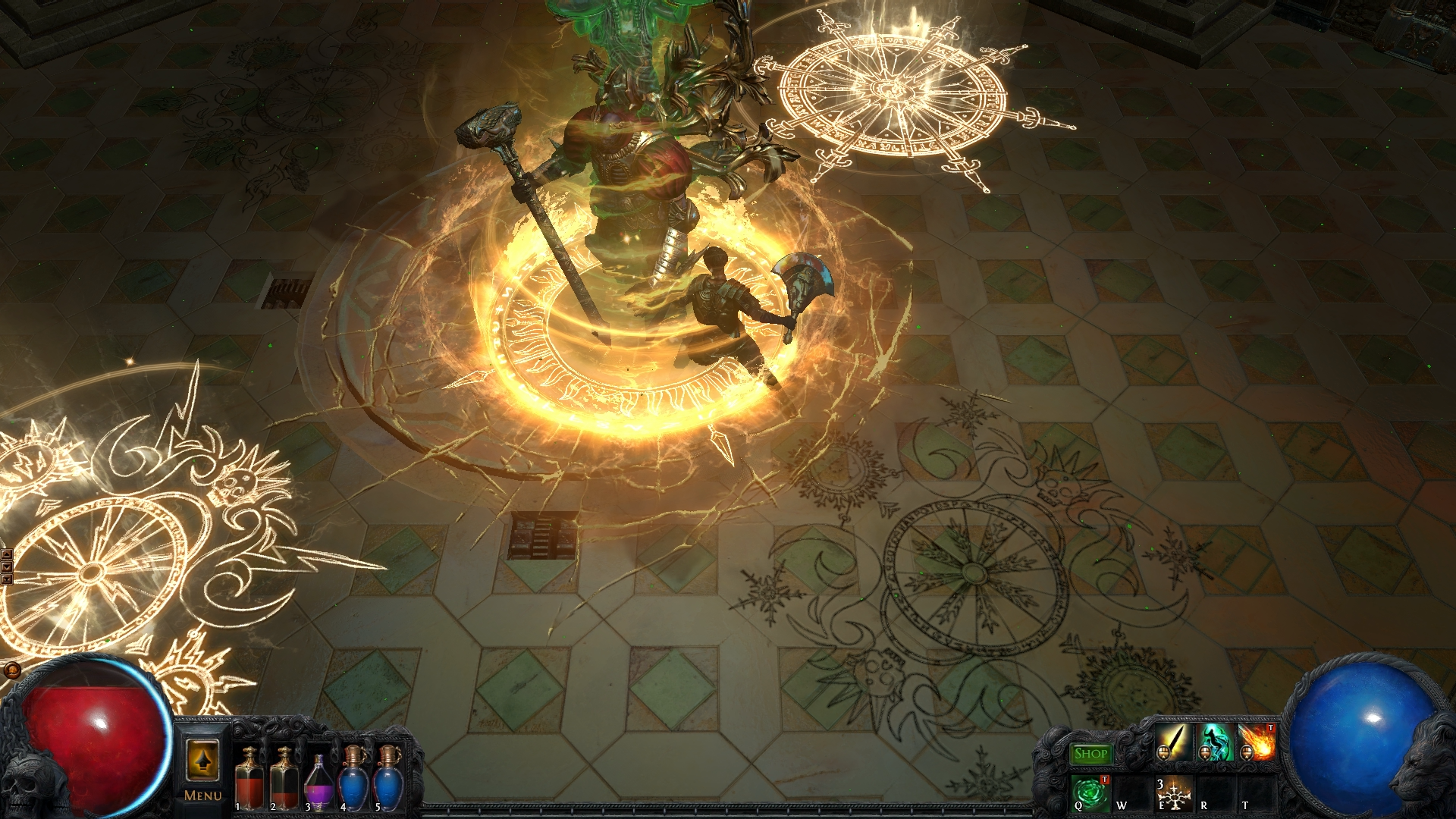 The boss shows up at the end of each stage, but carries over certain player-influenced buffs from the fight to fight.