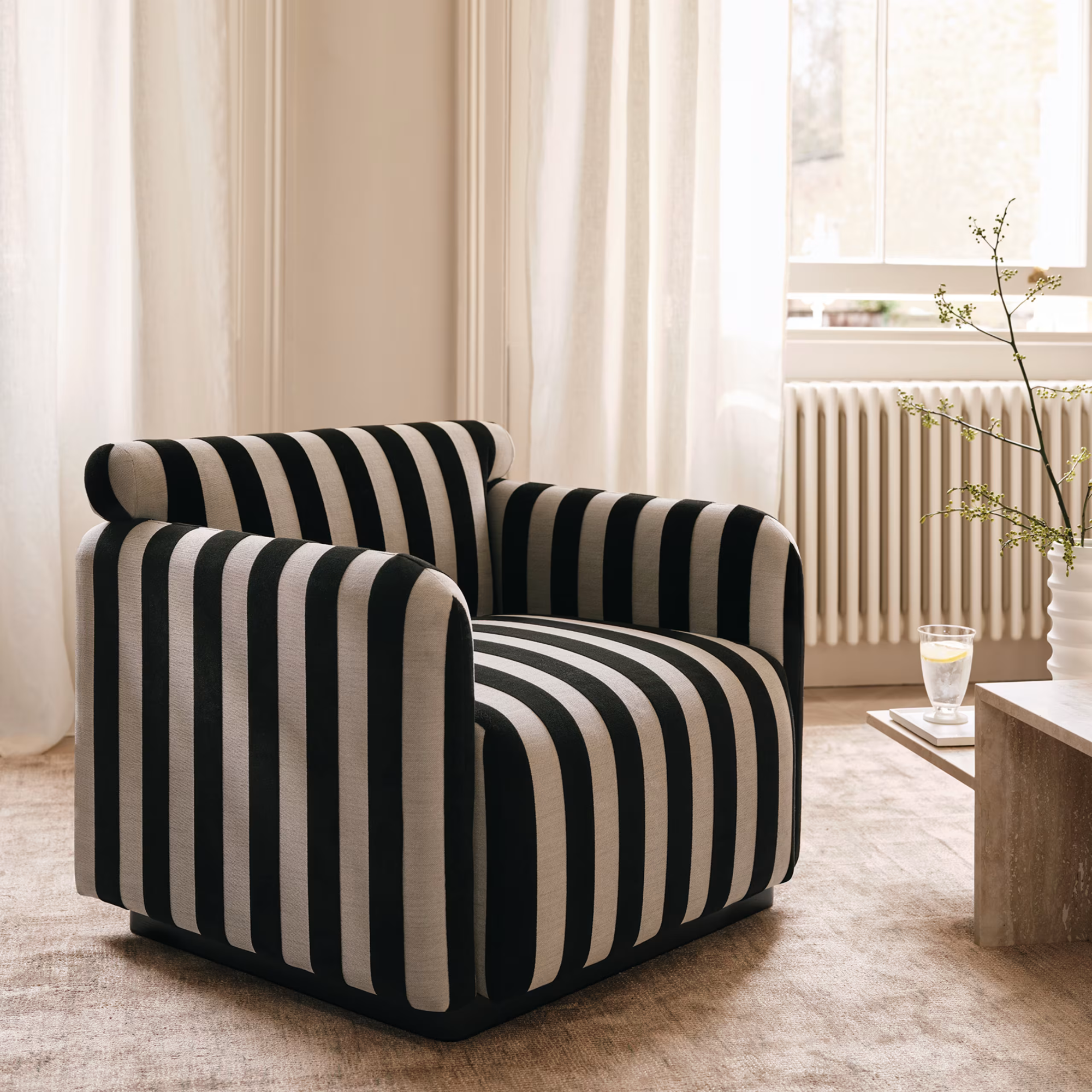 M&amp;amp;S x Kelly Hoppen Striped Accent Chair in a modern, neutral living room.