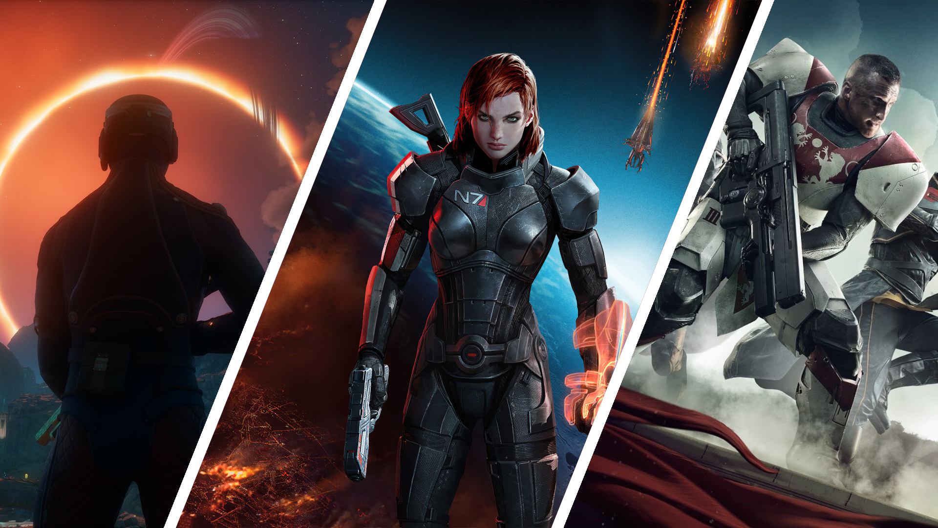 Split image showing images of The Outer Worlds 2, Destiny 2, and Mass Effect.
