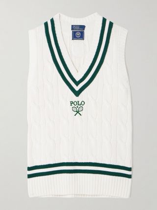 + Wimbledon Appliquéd Embroidered Cable-Knit Cotton Vest