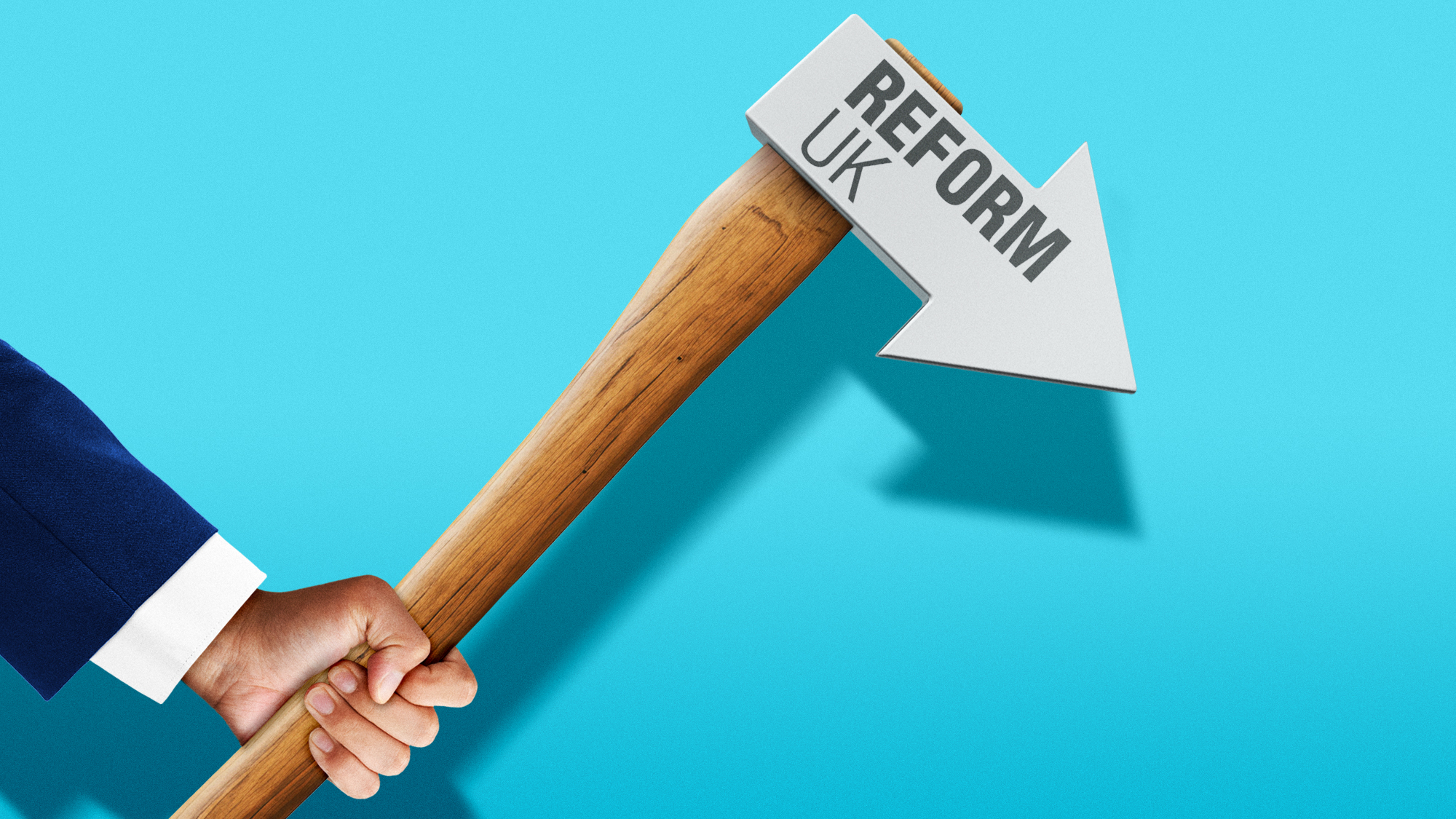 Illustration of a politician wielding an axe with the blade head in the shape of a Reform UK party arrow