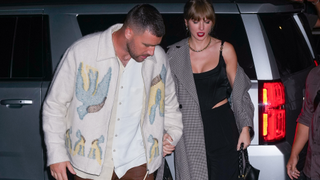 Travis Kelce and Taylor Swift arrive at SNL Afterparty on October 15, 2023 in New York City