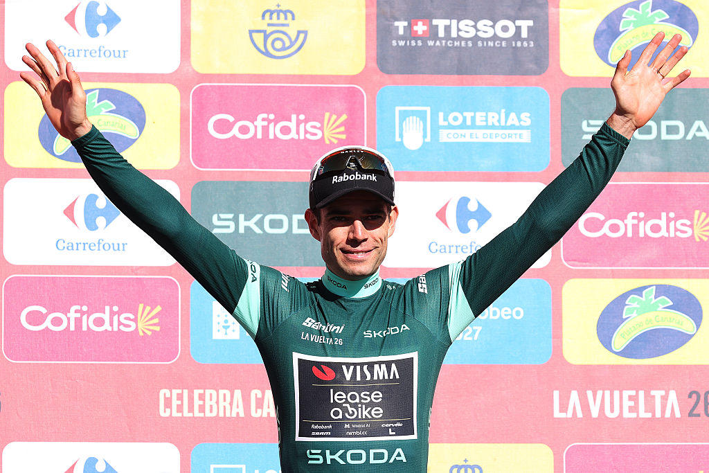 COLLADO DEL AGUACIL, SPAIN - SEPTEMBER 12: Wout Van Aert of Belgium and Team Visma | Lease a Bike celebrates at podium as Green Points Jersey winner during the La Vuelta - 81st Tour of Spain 2026, Stage 20 a 210.8km stage from La Calahorra to Collado del Alguacil 1887m / #UCIWT / on September 12, 2026 in Collado del Alguacil, Spain. (Photo by Alexander Hassenstein/Getty Images)
