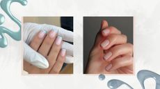 On the left is a close-up of a hand with square light blue French tip nails, created by nail tech and nail educator Fliss Alton/@gelsbyfliss and on the right is a close-up of a hand with micro blue French tips over a sheer pink base colour, created by nail artist Mateja Novakovic/@matejanova/ both featured in a grey and white template with two stock images of blue nail polish spills.